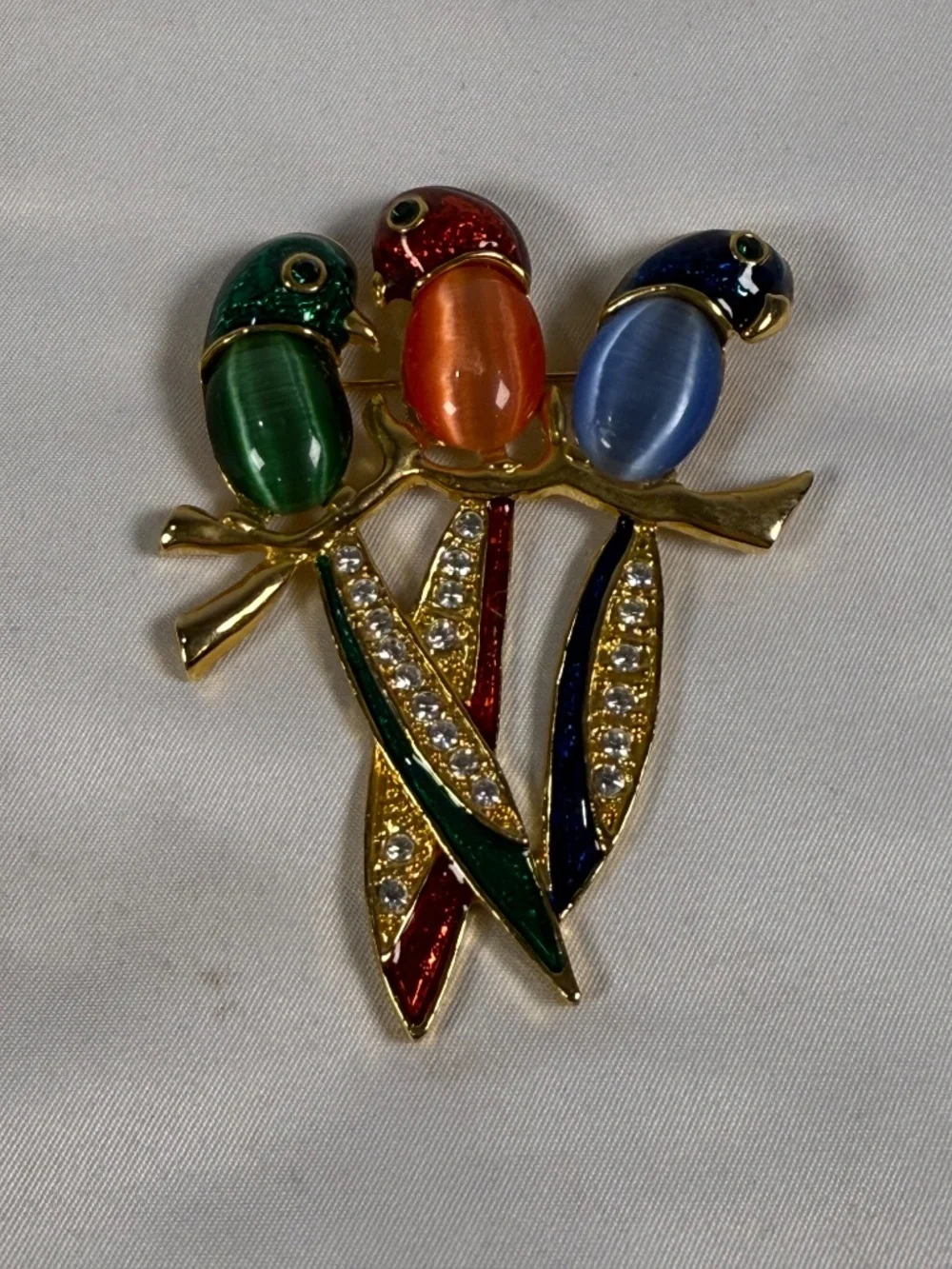 Vintage Colorful Three Bird Parrot Brooch Rhinestone Cat Eye Gold Tone